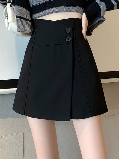 Sixsr Solid High Waist Skort, Casual Button Loose Skorts, Women's Clothing