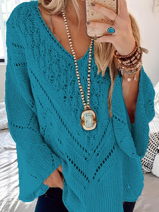Sixsr Hollow Out Solid Knit Sweater, Casual V Neck Long Sleeve Sweater, Women's Clothing