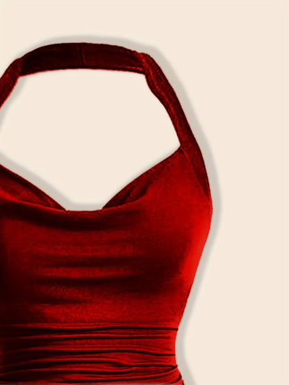 Sixsr  Solid Asymmetric Ruffle Hem Halter Top, Elegant Ruched Backless Top, Women's Clothing