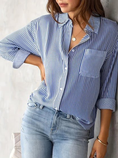 Sixsr Striped Print Button Front Shirt, Casual Long Sleeve Shirt With Pocket, Women's Clothing