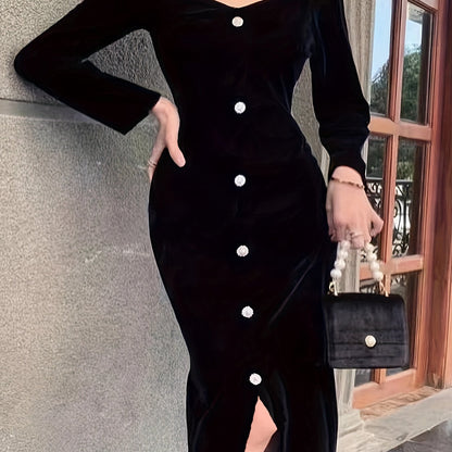 Sixsr Button Solid Color Dress, Elegant Long Sleeve Dress For Party & Banquet, Women's Clothing