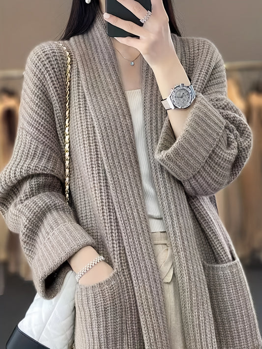 Sixsr Solid Open Front Knit Cardigan, Casual Long Sleeve Oversized Sweater Coat With Pocket, Women's Clothing