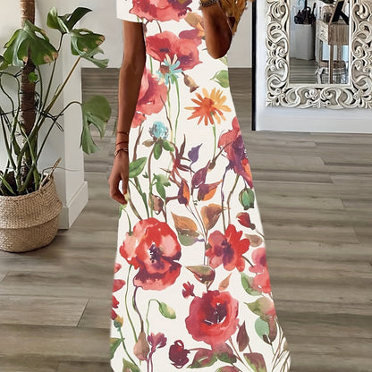 Plus Size Casual Dress, Women's Plus Floral Print Short Sleeve V Neck Medium Stretch Maxi Dress