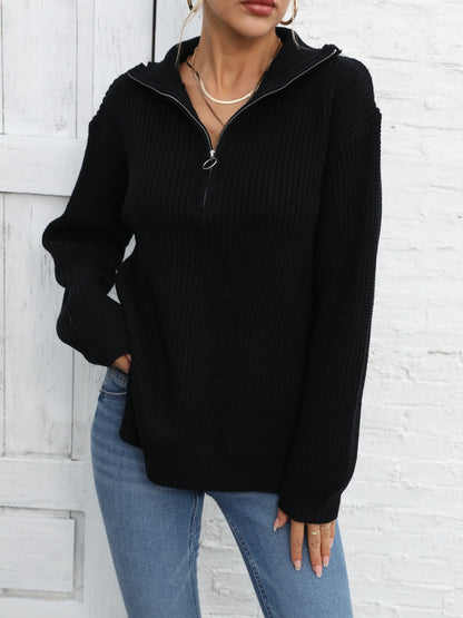 Sixsr Long Sleeve Half Zip Sweater, Side Slit Casual Sweater For Winter & Fall, Women's Clothing