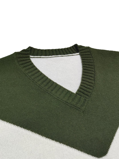 Sixsr Plus Size Casual Sweater, Women's Plus Colorblock Long Sleeve V Neck Slight Stretch Knitted Pullover Jumper