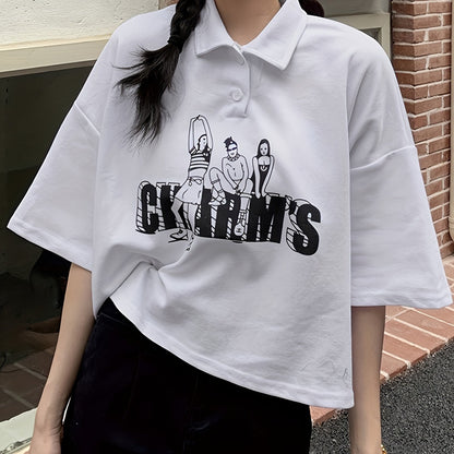 Sixsr Figure & Letter Print Button Front T-Shirt, Casual Short Sleeve Lapel T-Shirt For Spring & Summer, Women's Clothing