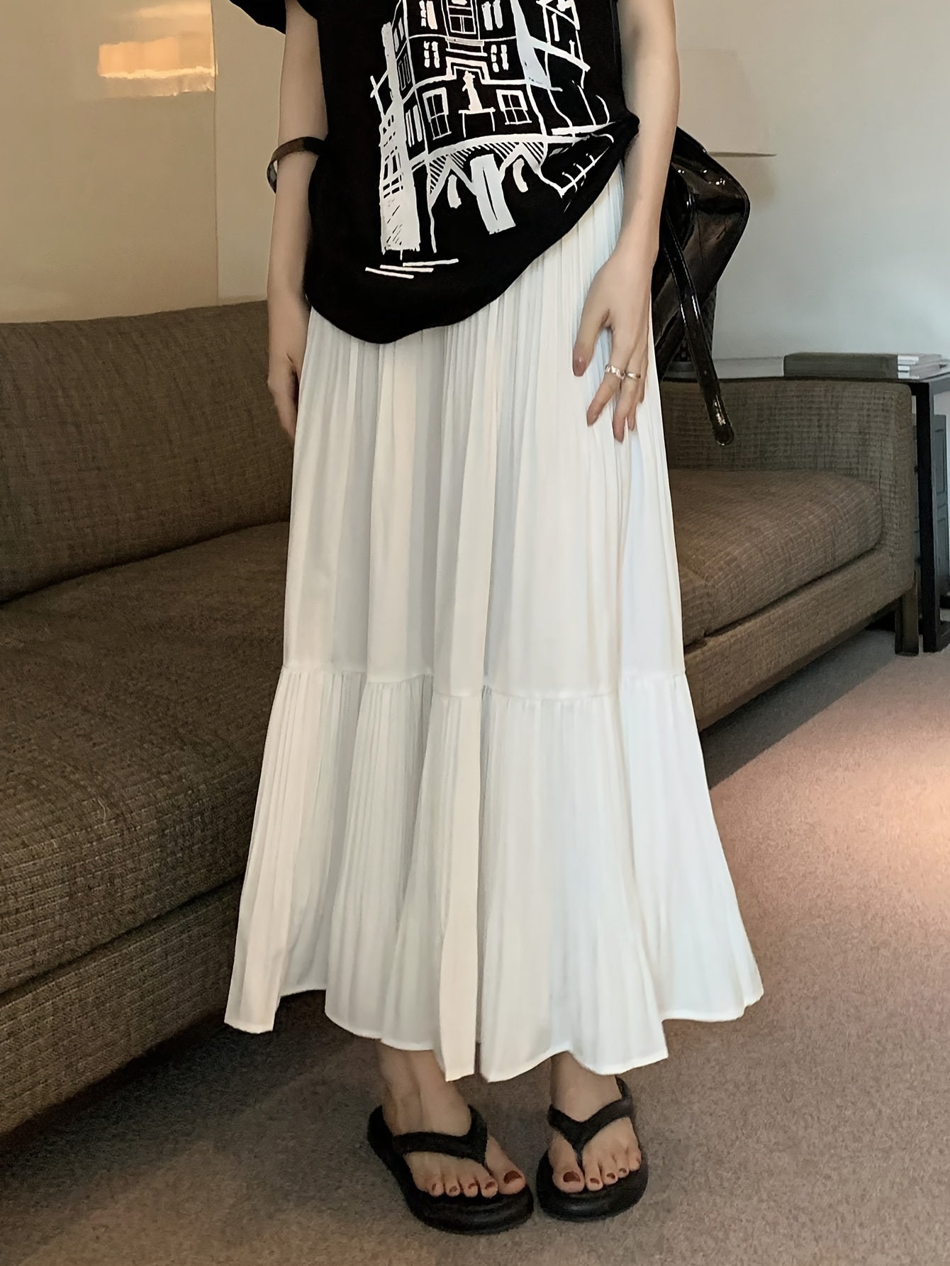 Sixsr Solid Ruffle Hem Swing Skirt, Elegant Skirt For Spring & Fall, Women's Clothing