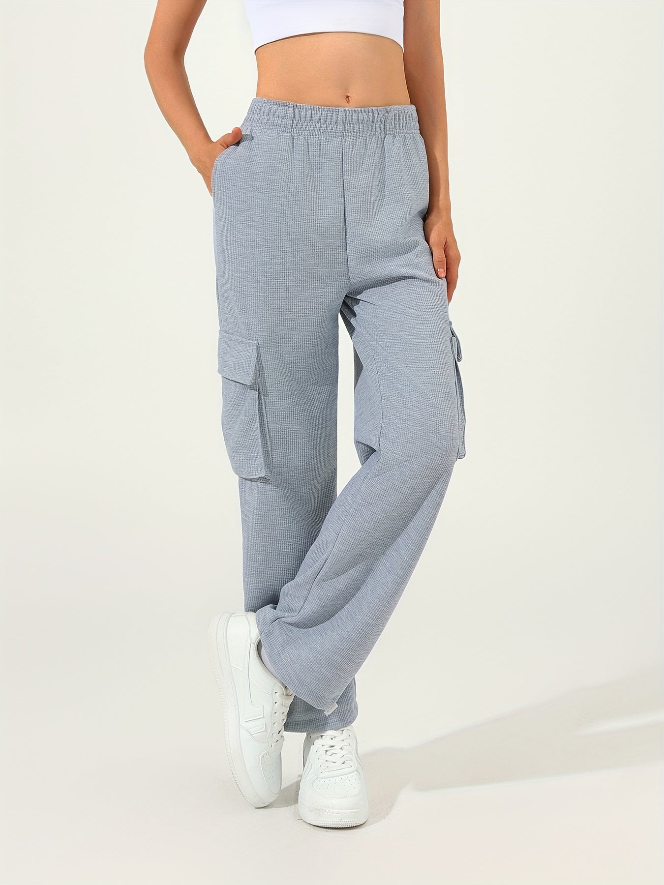 Sixsr Waffle Casual Sports Elastic Waist Sweatpants, Multi-pocket High Waist Solid Color Joggers Pants, Women's Athleisure