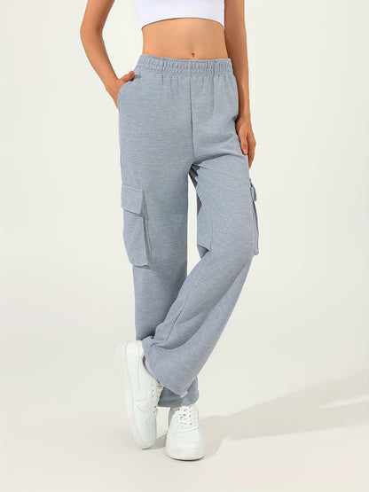 Sixsr Waffle Casual Sports Elastic Waist Sweatpants, Multi-pocket High Waist Solid Color Joggers Pants, Women's Athleisure