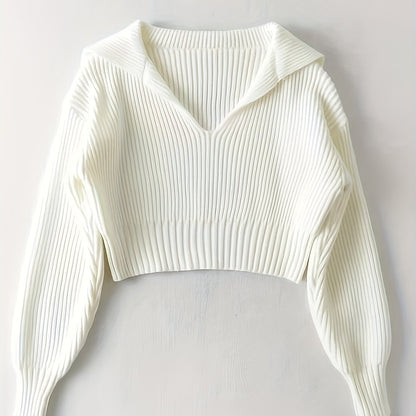 Sixsr Solid Crop Rib Knit Sweater, Casual Long Sleeve V Neck Sweater, Women's Clothing