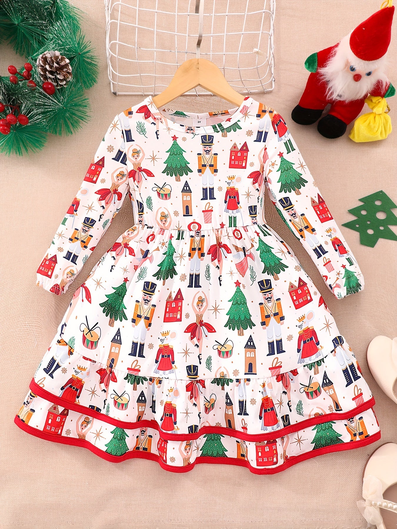 Long Sleeve Girls Stylish Dress with Allover Leaves/Houses/Animals/Cartoon/Santa Claus/Plaid Pattern and Layered Hem for Fall & Winter Christmas Party