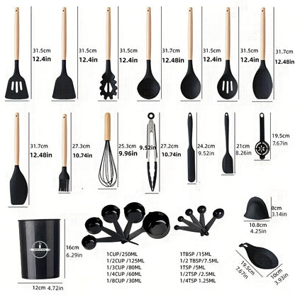 28pcs/set, Non-Stick Silicone Utensil Set with Wooden Handle - Perfect for Cooking, Kitchen, and Dorm Essentials