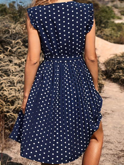 Sixsr Polka Dot Pleated Dress, Casual Keyhole Ruffle Trim Dress, Women's Clothing