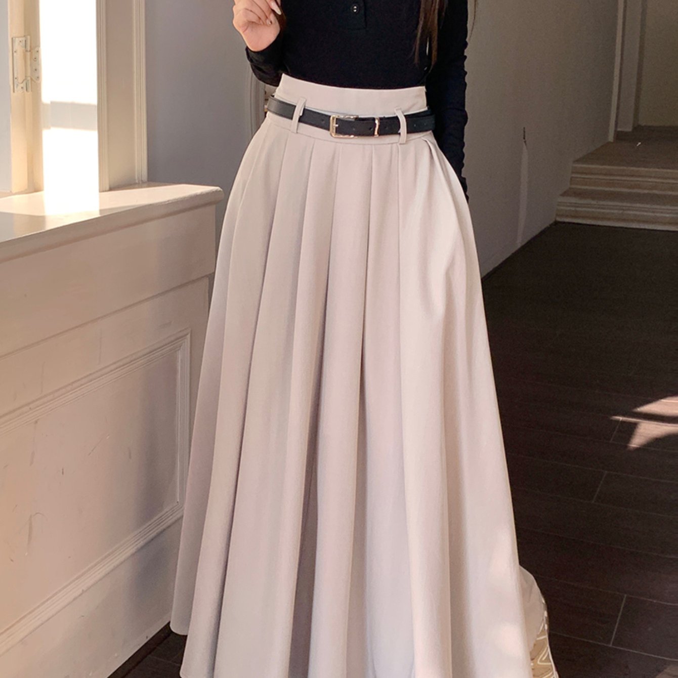 Sixsr Maxi Length Belt Skirt, Elegant Solid Color A-line Skirt, Women's Clothing