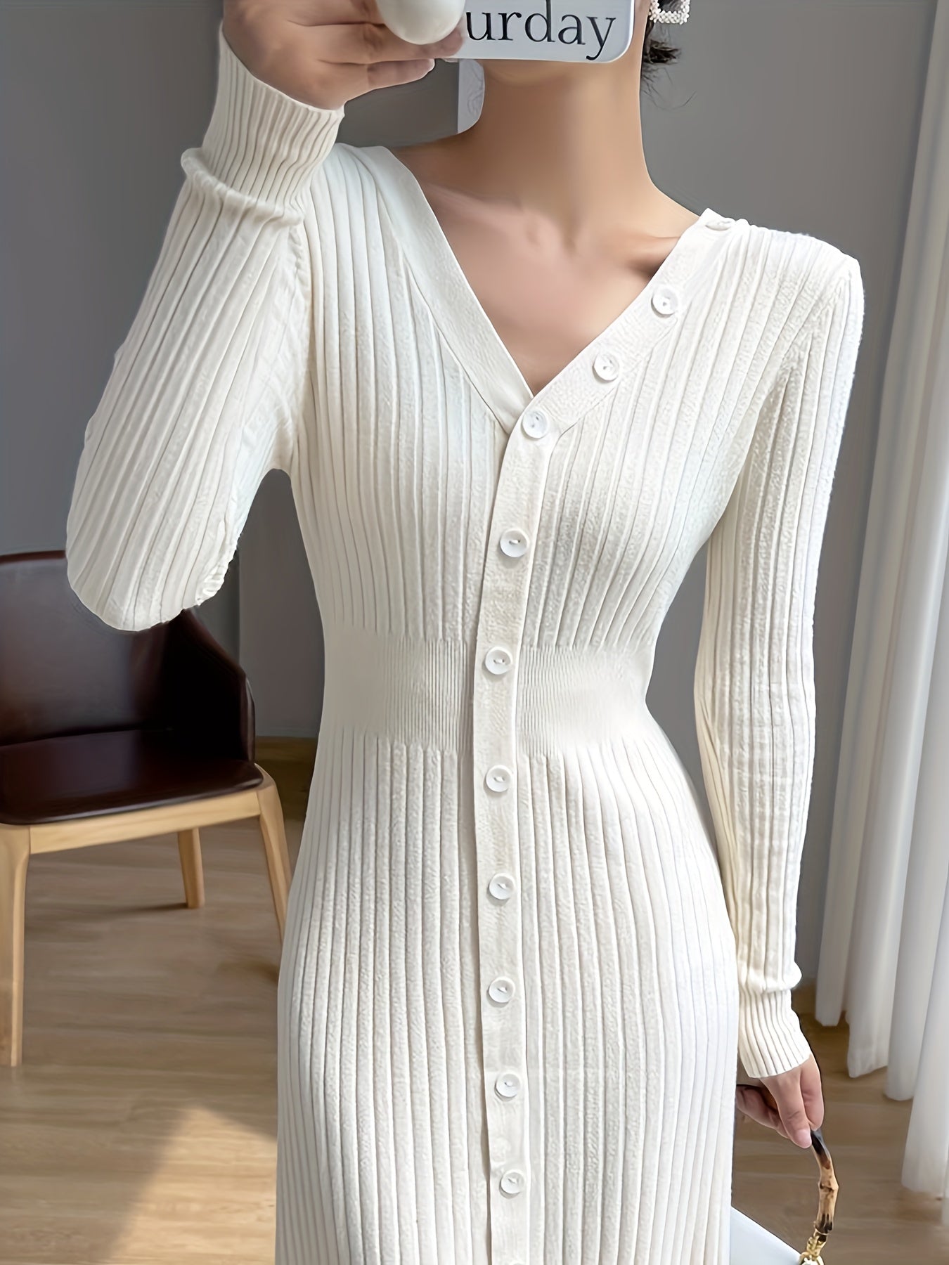 Sixsr Button Front Ribbed Dress, Elegant V Neck Long Sleeve Dress, Women's Clothing