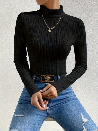 Sixsr Solid Turtleneck Textured T-shirt, Versatile Long Sleeve Slim T-shirt For Fall & Winter, Women's Clothing