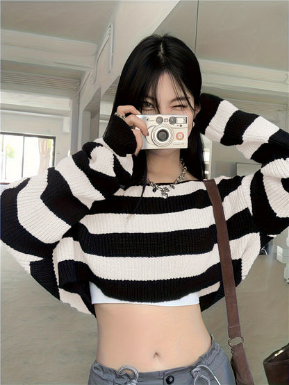 Sixsr Striped Off Shoulder Knitted Top, Casual Long Sleeve Crop Sweater For Spring & Fall, Women's Clothing