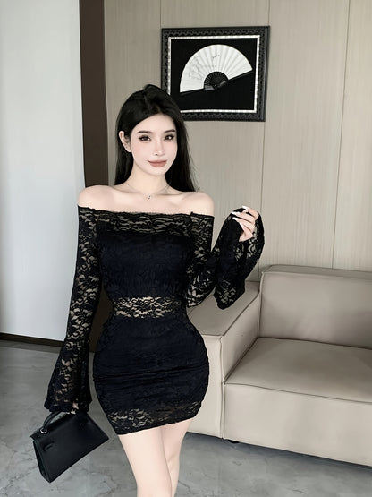 Lace Cut Out Off Shoulder Dress, Sexy Bell Sleeve Bodycon Dress For Spring & Fall, Women's Clothing