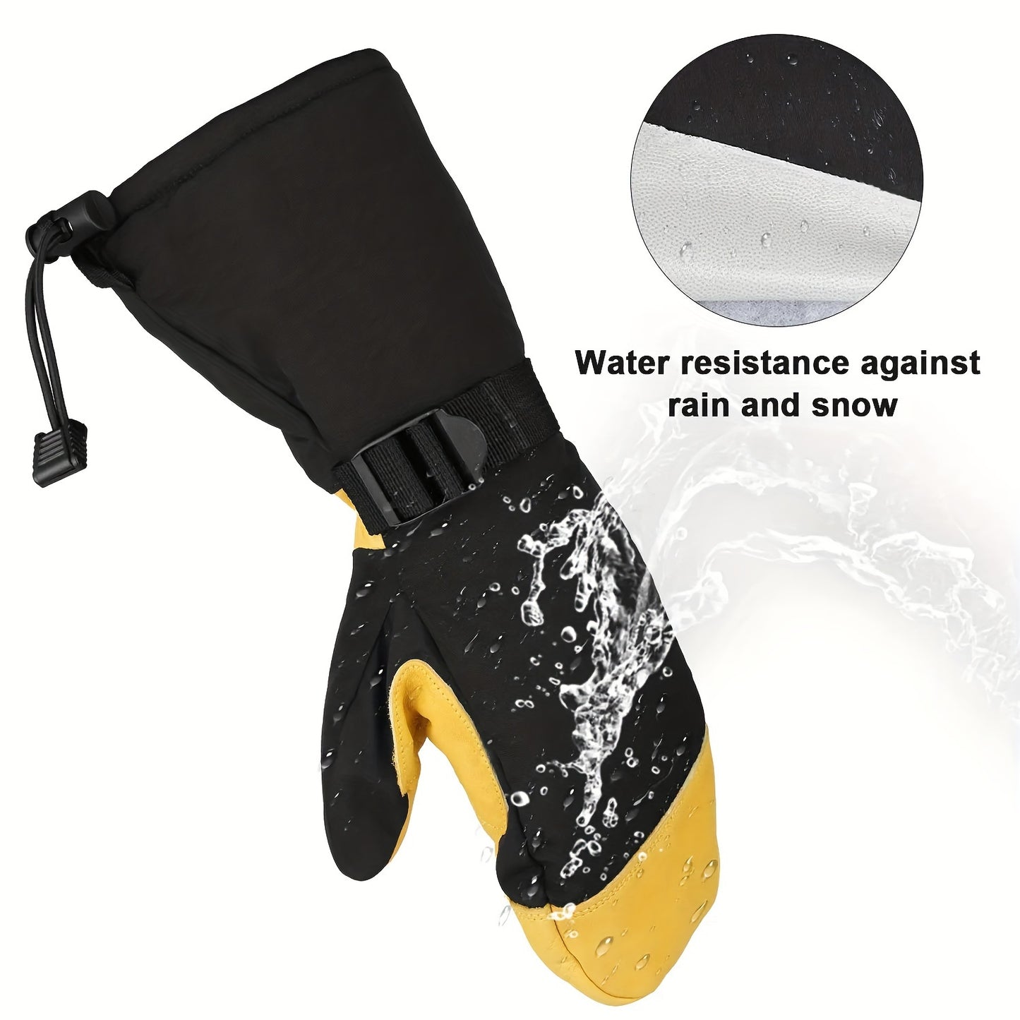 Men's Waterproof Ski Mittens with Drawstring Closure, Nylon Woven Fabric, Hand Washable - Thermal Insulated Gloves for Winter Sports