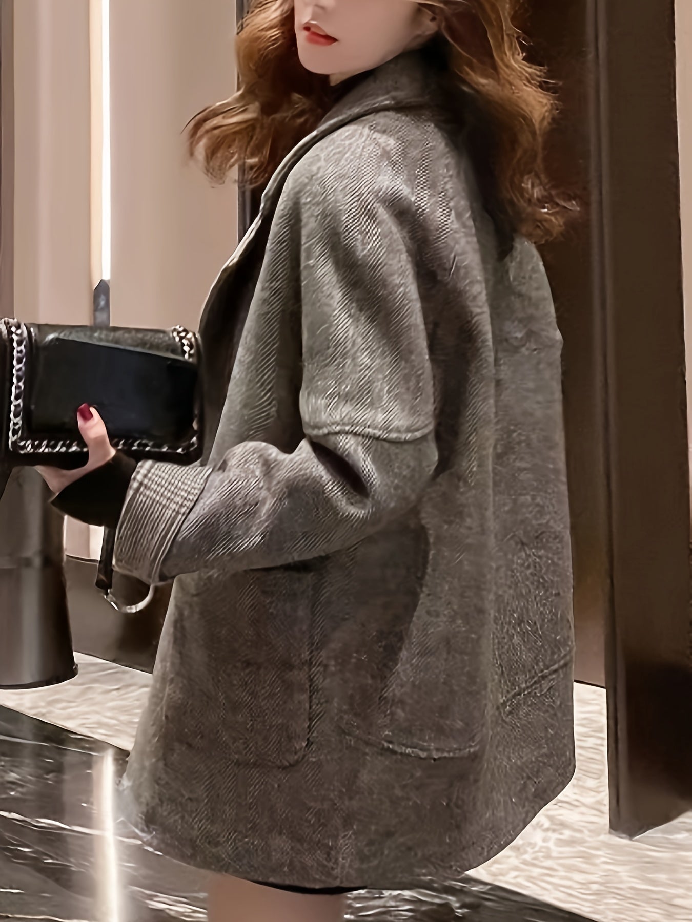 Sixsr Herringbone Button Front Blazer, Elegant Lapel Long Sleeve Blazer For Office & Work, Women's Clothing