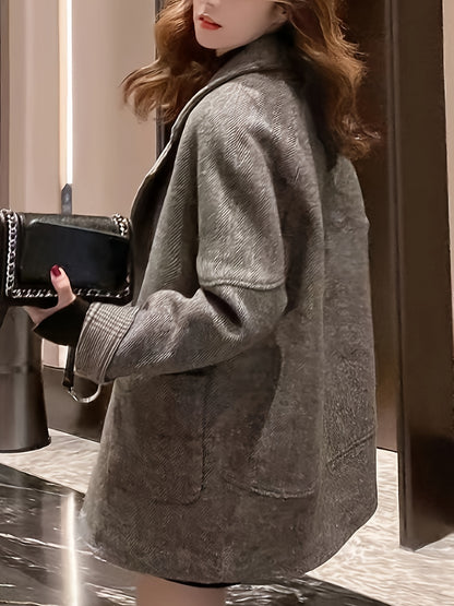 Sixsr Herringbone Button Front Blazer, Elegant Lapel Long Sleeve Blazer For Office & Work, Women's Clothing