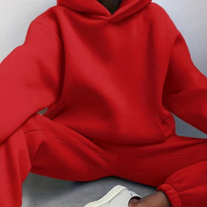 Sixsr Casual Solid Two-piece Set, Drop Shoulder Long Sleeve Hoodies & Elastic Waist Jogger Pants Outfits, Women's Clothing