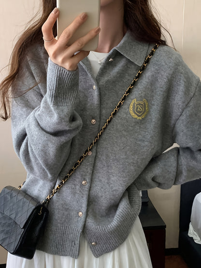 Sixsr Badge Pattern Button Up Knit Cardigan, Casual Turndown Collar Long Sleeve Sweater, Women's Clothing