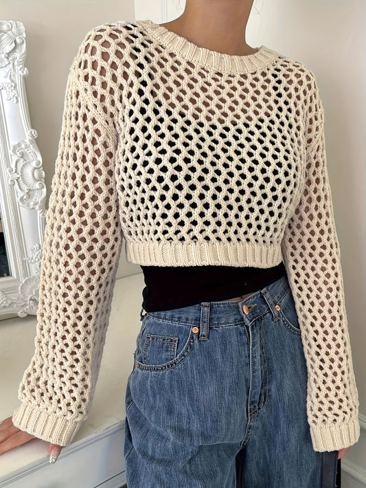 Sixsr Solid Hollow Out Crochet Coverup, Elegant Long Sleeve Crop Top For Spring & Summer, Women's Clothing