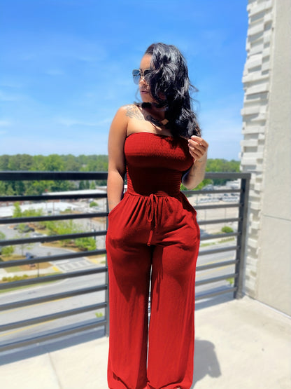 Sixsr Drawstring Shirred Tube Jumpsuit, Casual Off Shoulder Wide Leg Jumpsuit, Women's Clothing