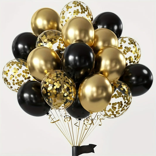 16pcs Glittering Black Golden Confetti Latex Balloons - Premium Decor for Weddings, Birthdays, Anniversaries & More - Dazzling Indoor/Outdoor Party Essentials