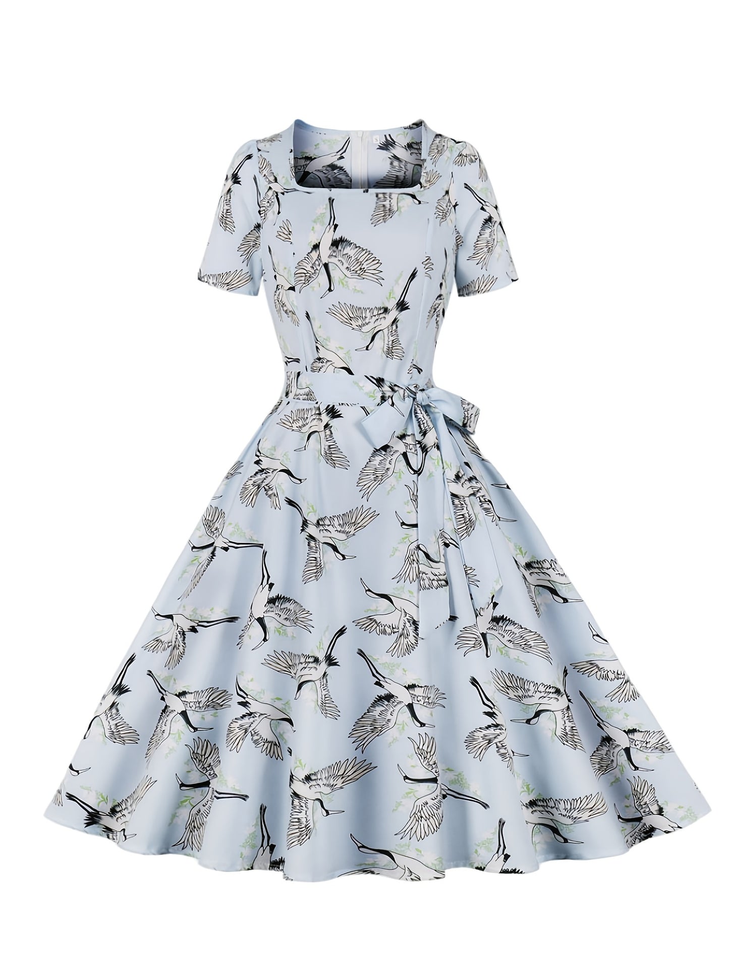 Sixsr Crane Print Tie Front Dress, Elegant Vintage Square Neck Short Sleeve Dress, Women's Clothing