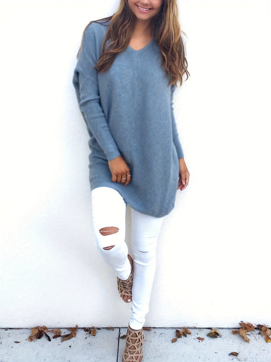 Sixsr Plus Size Casual Sweater, Women's Plus Solid Long Sleeve V Neck Slight Stretch Loose Pullover Jumper