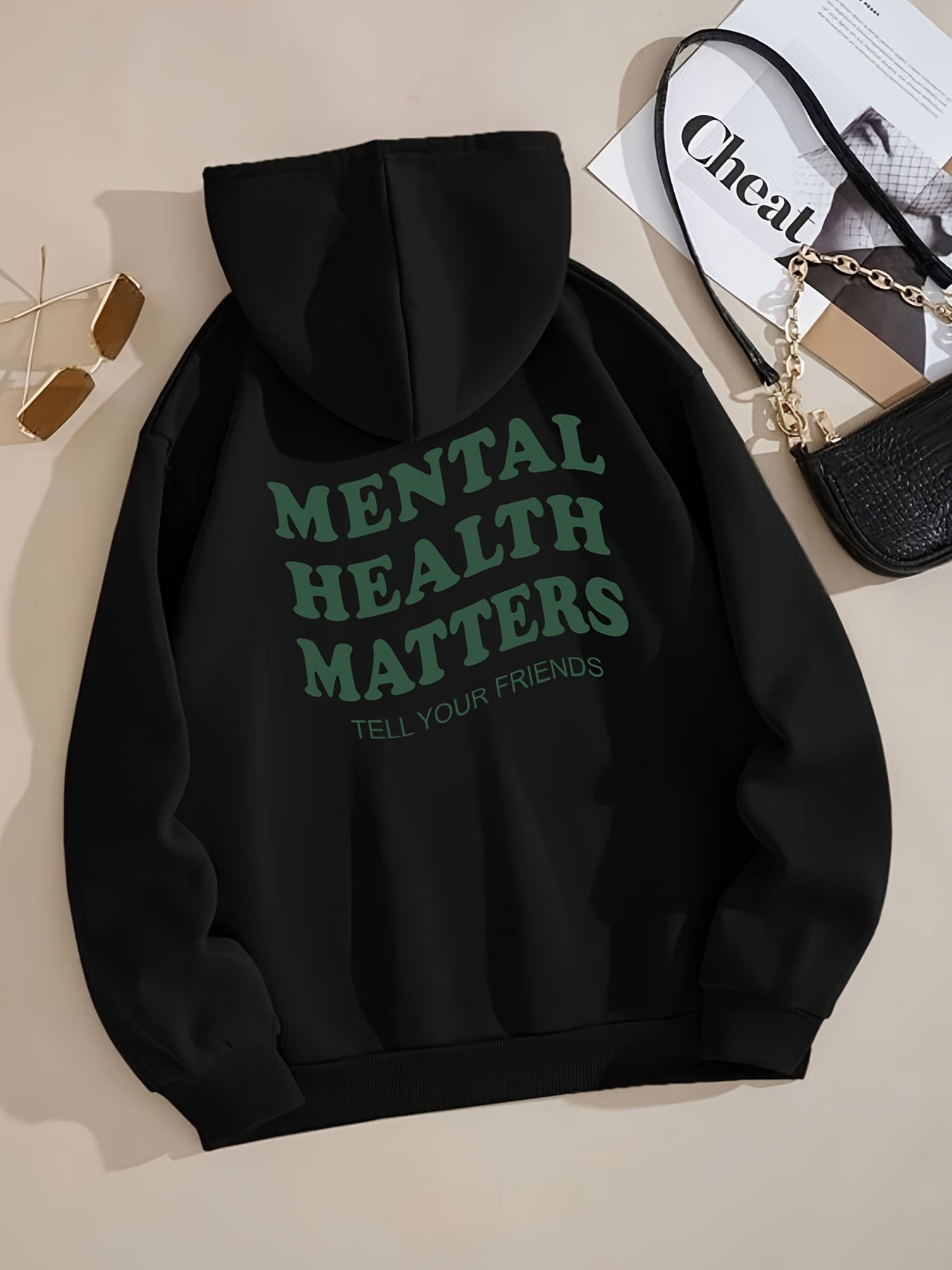 Sixsr Mental Health Matters Print Hoodies, Drawstring Kangaroo Pocket Casual Sweatshirt For Winter & Fall, Women's Clothing