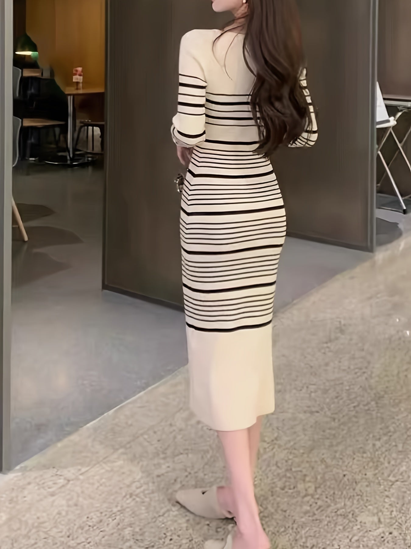 Sixsr Striped Print Knitted Slim Dress, Elegant Long Sleeve Dress, Women's Clothing