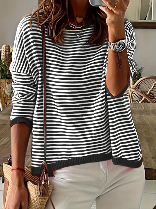 Sixsr Striped Print Knit Sweater, Casual Crew Neck Drop Shoulder Sweater, Women's Clothing