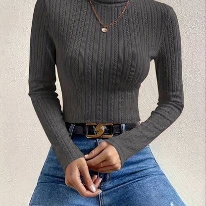 Sixsr Solid Turtleneck Textured T-shirt, Versatile Long Sleeve Slim T-shirt For Fall & Winter, Women's Clothing