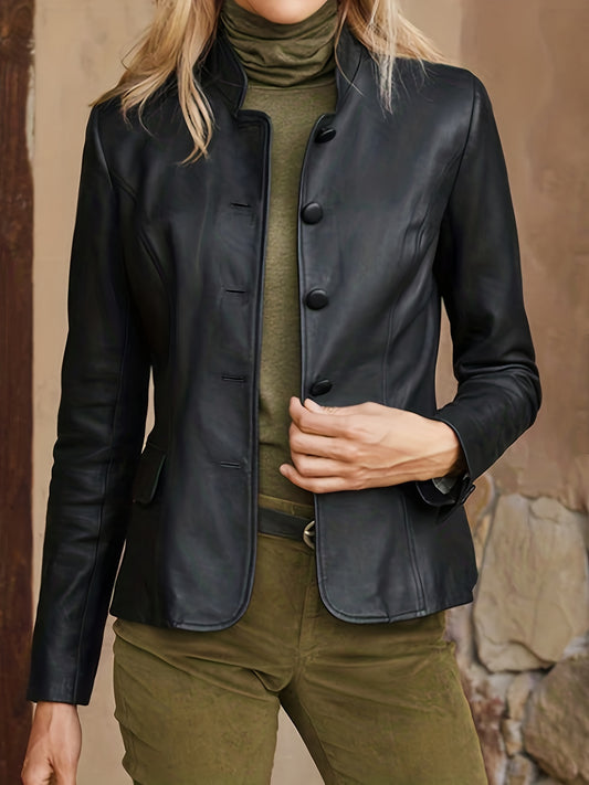 Sixsr Solid Button Front Jacket, Elegant Long Sleeve Pu Leather Outwear, Women's Clothing
