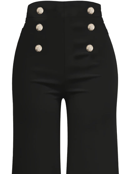 Sixsr Solid Wide Leg Pants, Casual High Waist Buttons Long Length Pants, Women's Clothing