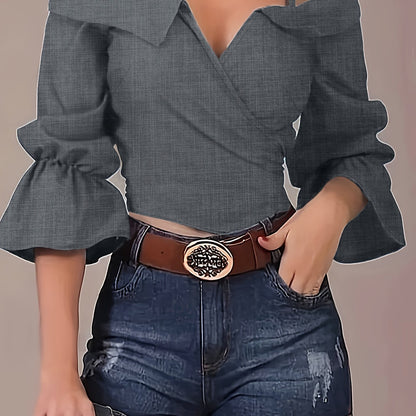 Sixsr  Solid Spaghetti Strap Blouse, Casual Bell Sleeve Surplice Neck Blouse, Women's Clothing