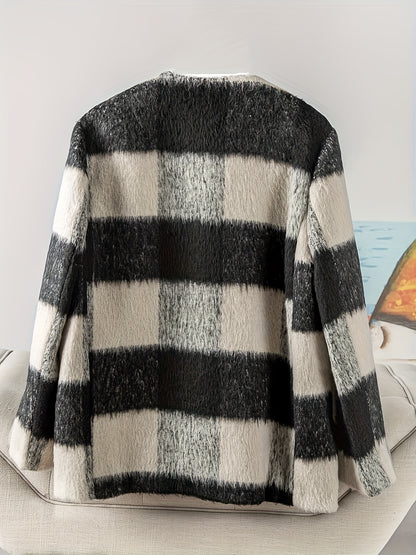 Sixsr Plaid Print Button Front Coat, Chic Long Sleeve Dual Pockets Cardigan For Fall & Winter, Women's Clothing