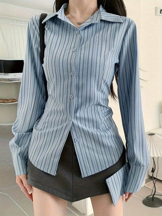 Sixsr Striped Print Button Front Shirt, Casual Long Sleeve Shirt For Spring & Fall, Women's Clothing