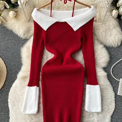 Sixsr Contrast Trim Halter Neck Dress, Elegant Sweater Bodycon Dress For Spring & Fall, Women's Clothing