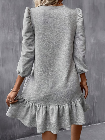 Solid Ruffle Hem Lantern Sleeve Dress, Casual Crew Neck Above Knee Dress, Women's Clothing