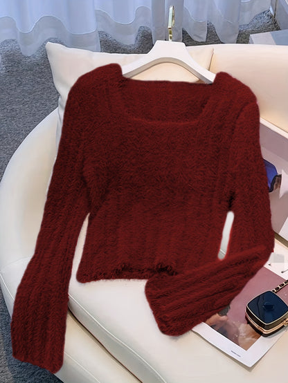 Benpaolv Solid Square Neck Pullover Sweater, Casual Long Sleeve Sweater, Women's Clothing