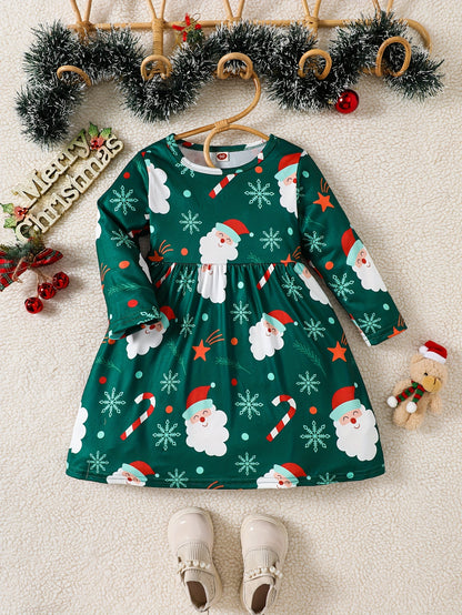 Girls Cute & Sweet Long Sleeve Allover Cartoon Christmas Elements Pattern Dress For Spring & Fall, As Christmas Gifts