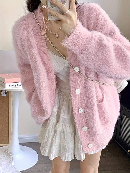 Sixsr Solid Button Down Fleece Knit Cardigan, Casual Long Sleeve Loose Comfy Sweater With Pocket, Women's Clothing