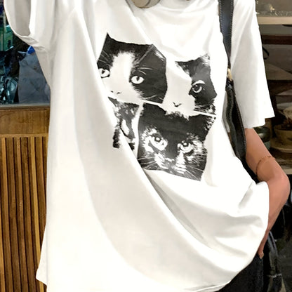 Sixsr Cat Print Crew Neck T-Shirt, Y2K Short Sleeve T-Shirt For Spring & Summer, Women's Clothing