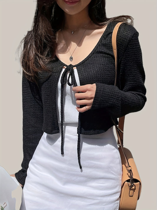 Sixsr Solid Tie Front Crop Knitted Top, Casual Long Sleeve Open Front Top, Women's Clothing