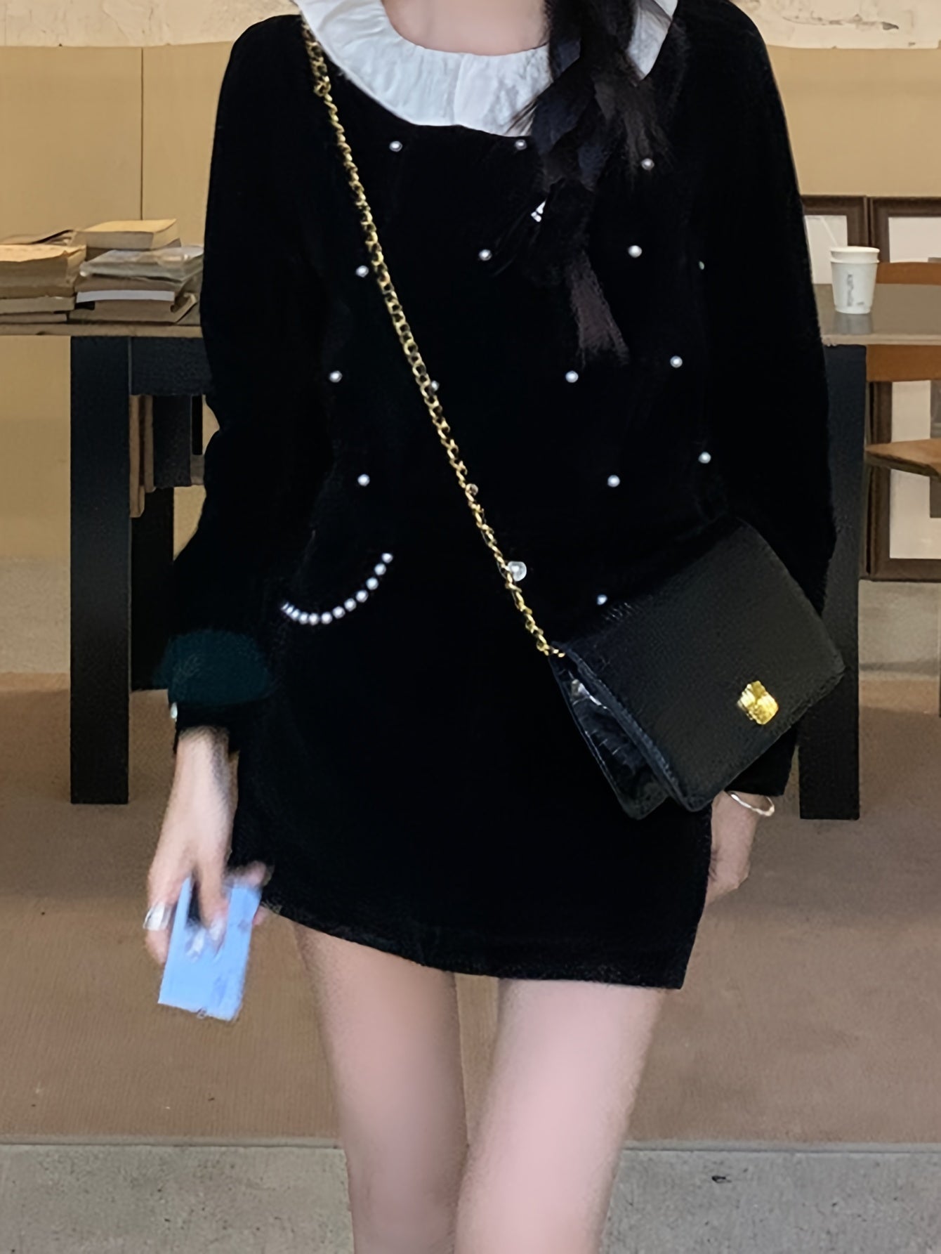 Sixsr Beaded Velvet Solid Skirt, Elegant Skirt For Spring & Fall, Women's Clothing