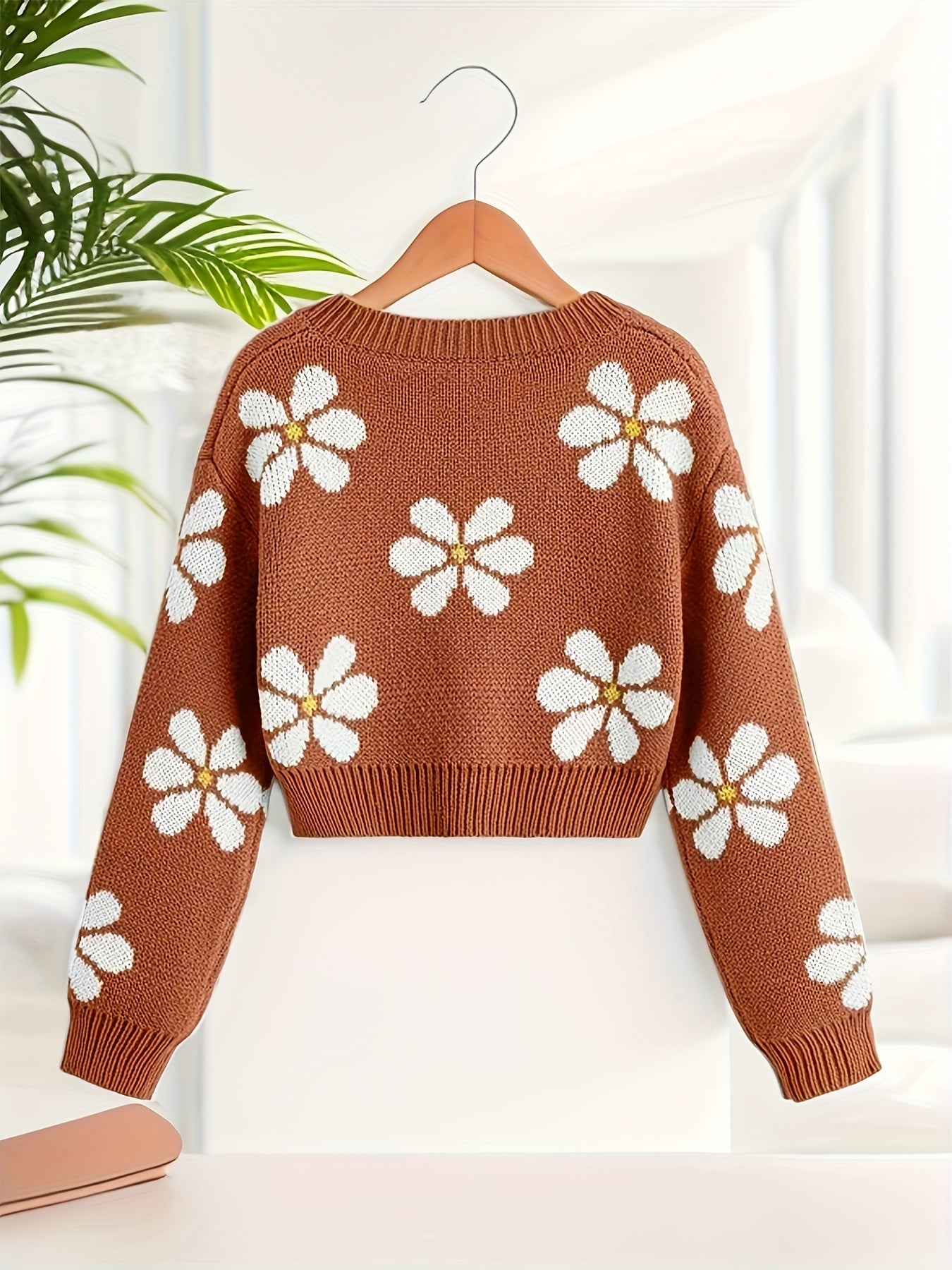 Sixsr Floral Jacquard Girls Drop Shoulder V-neck Knitted Sweater For Fall Winter